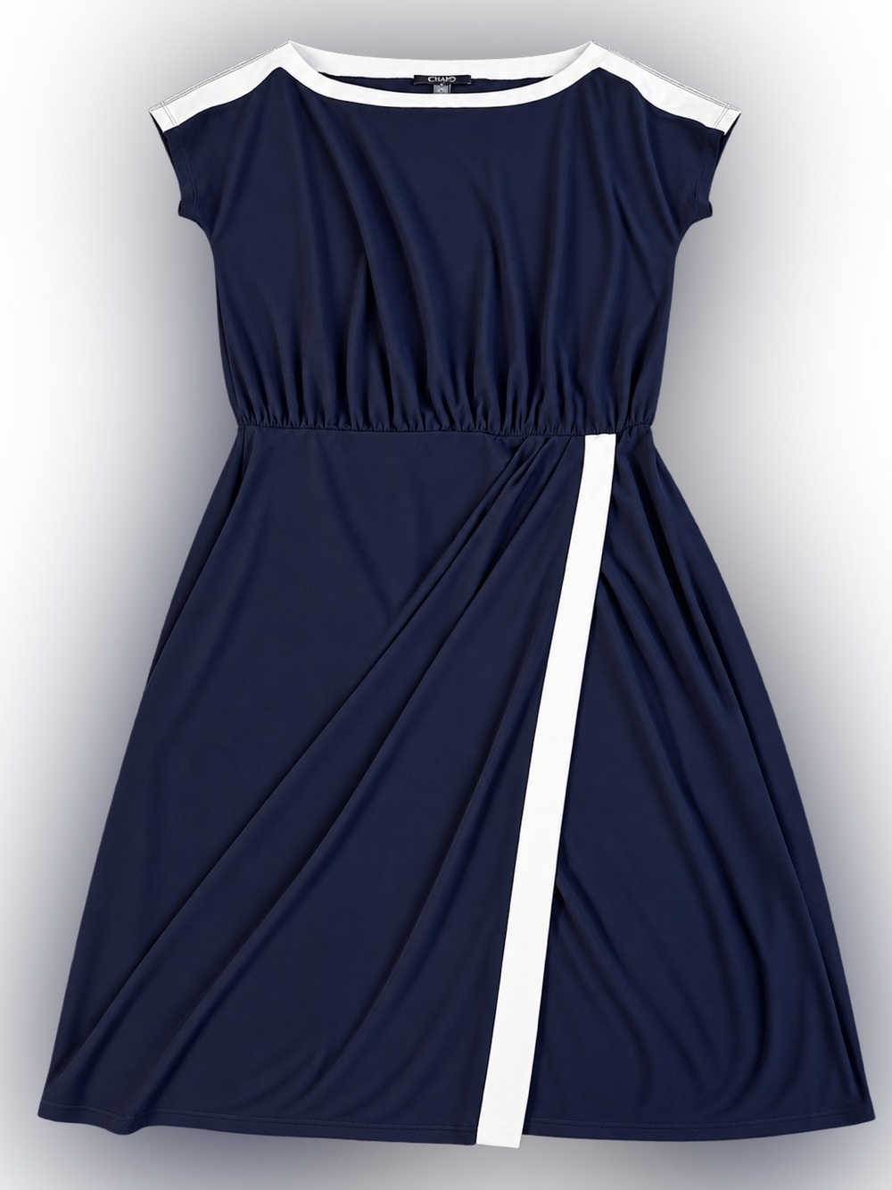 CHAPS Navy & White Faux Wrap Fit & Flare Dress Size M